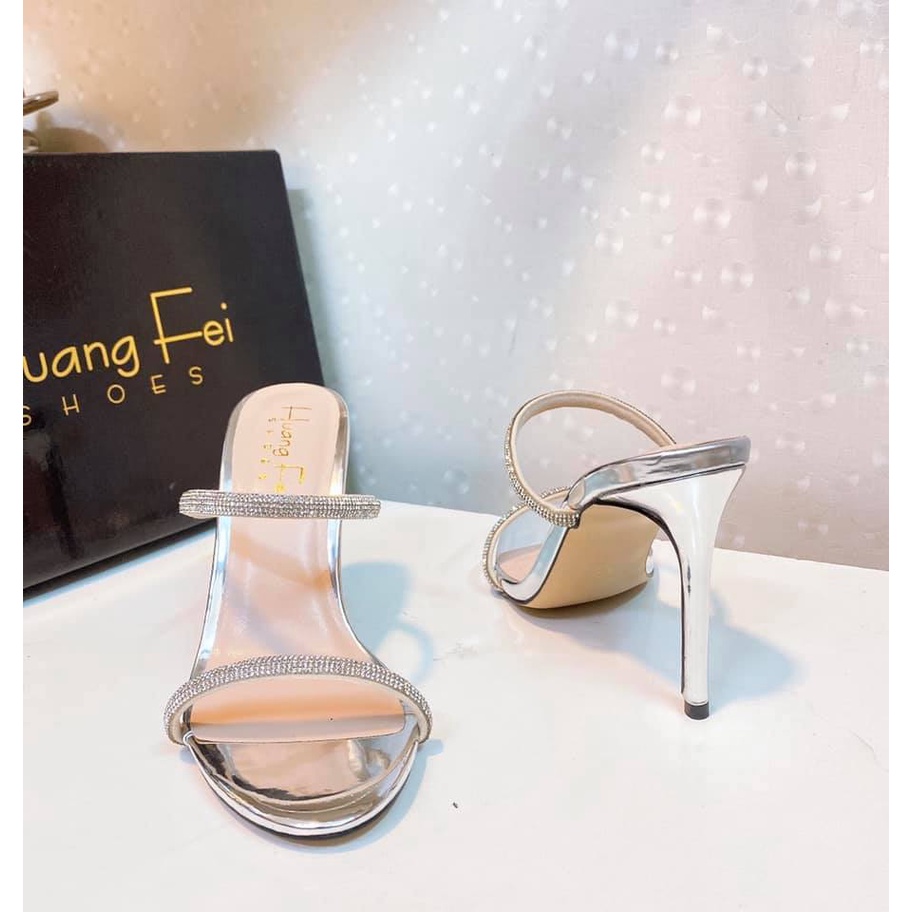 Guốc cao gót 2 dây ngang đính cườm gót cao 9 cm