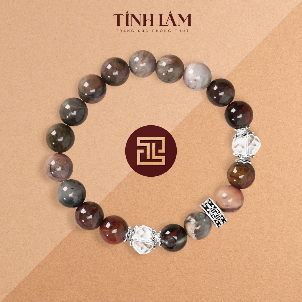 TINH LÂM Vòng Tay Phong Thủy Đá Gỗ Hóa Thạch 8 Li - Charm Hoa Sen Phối Đá Thạch Anh