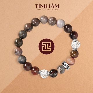 TINH LÂM Vòng Tay Phong Thủy Đá Gỗ Hóa Thạch 8 Li - Charm Hoa Sen Phối Đá Thạch Anh