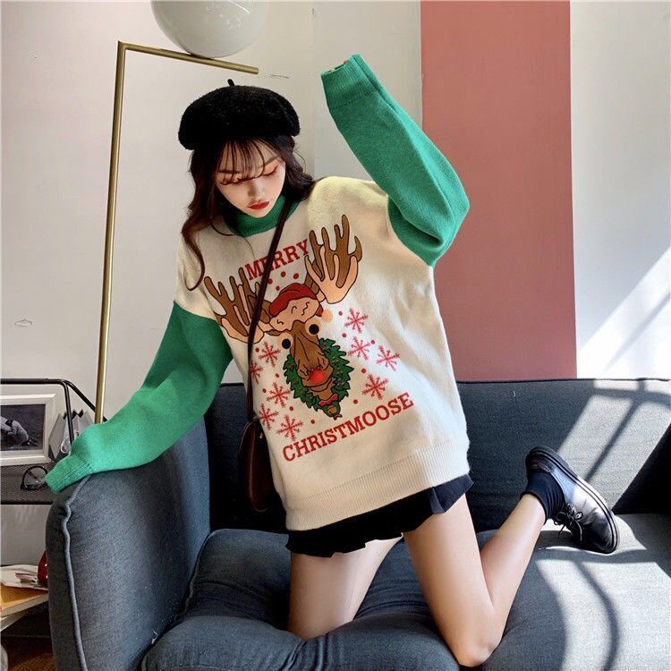 Áo Sweater Dáng Rộng Họa Tiết Giáng Sinh Thời Trang Thu Đông Dễ Phối Đồ Cho Nữ