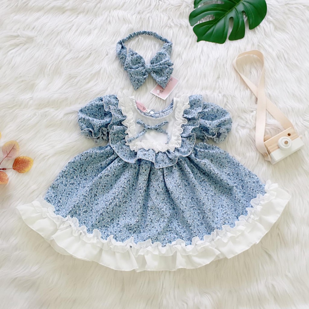 Siêu phẩm váy hóa nhí bé gái tặng kèm turban màu xanh paster siêu sang chảnh 7-19kg