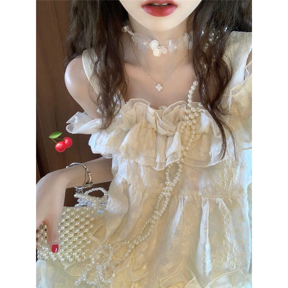 Váy babydoll Đầm Chữ A Dáng Suông Trễ Vai Phối Bèo Nhún Nữ Tính Hợp Thời Trang Kiểu Pháp