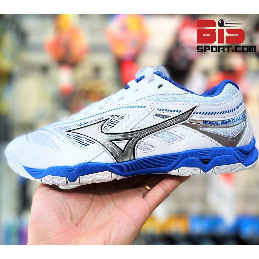 Giày Bóng Bàn Mizuno Wave Medal 6 Trắng Xanh - Chính Hãng - Đế Cao Su Chống Trơn - Da Mềm Mang Xui Êm