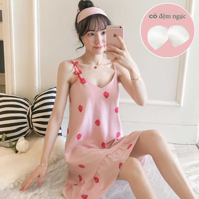 Váy ngủ hai dây sexy, đầm ngủ thun cotton hoạt hình mềm có đệm ngực dễ thương