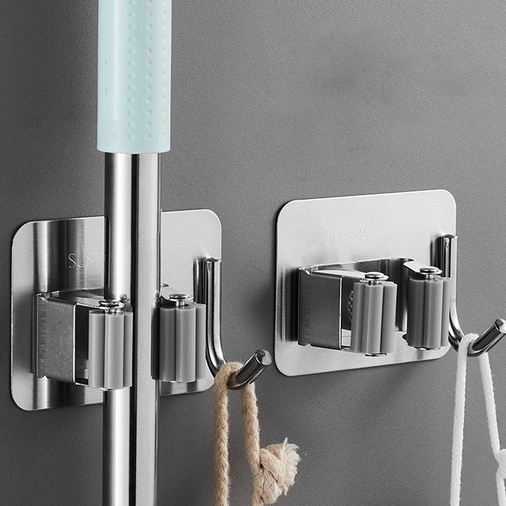Móc treo chổi, cây lau nhà dán tường inox 304
