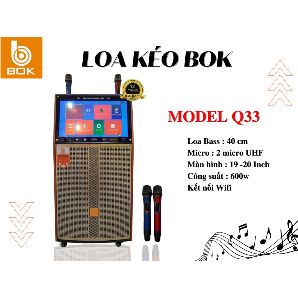 Loa kéo bass 4 tấc, thùng gỗ, màn hình 19" bluetooth hát karaoke, nghe nhạc Bok Q33