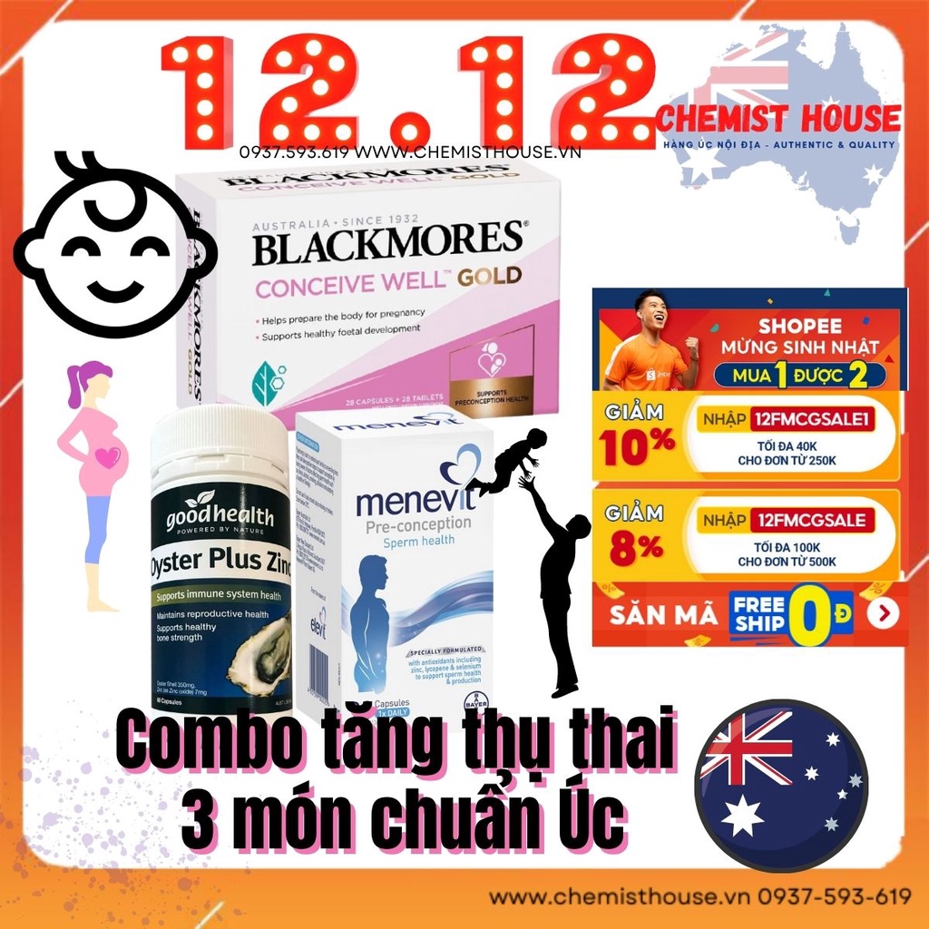 [Hàng chuẩn Úc] Combo Thụ Thai 3 món (Menevit + Hàu Oyster Plus + Blackmores Conceive Well Gold) HSD 2022,2023