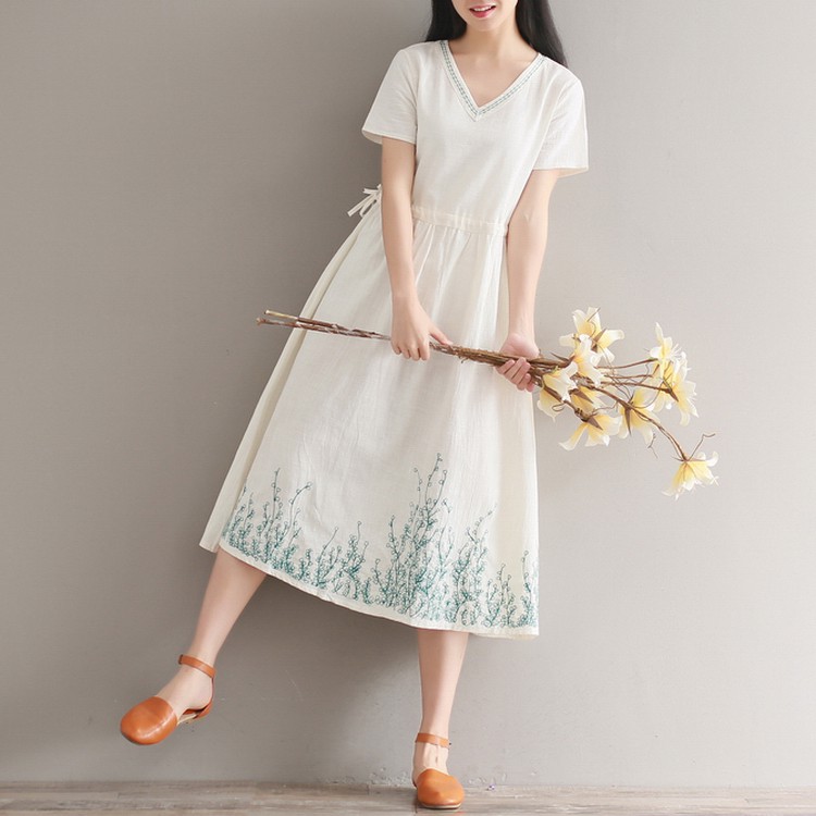 [ORDER] Váy đầm linen bigsize thêu hoa màu trắng (V020)