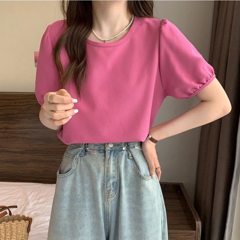 Áo Kiểu Cổ Tròn Tay Phồng Dáng Rộng Thời Trang Mùa Hè Cho Nữ