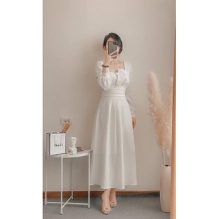 Váy Nữ Xếp Ly Cổ Vuông Thiết Kế Dáng Dài Xòe Tay Lỡ Thắt Eo Cho Nữ Đi Chơi, Đi Dự Tiệc D34