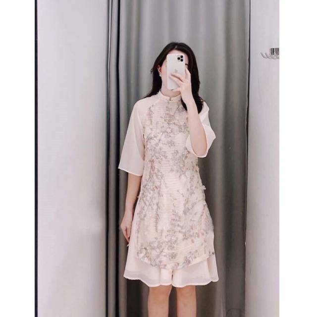 Áo dài cách tân đính hoa 3d phối tay voan kèm chân váy, 3 size SML - Hàng nhập khẩu