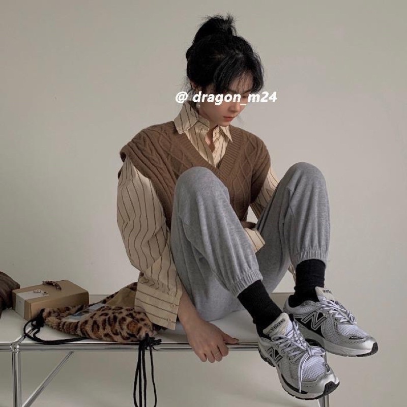 SET ÁO GILE + SƠ MI VINTAGE siêu hot - áo gile màu nâu phong cách, sơmi kẻ sọc