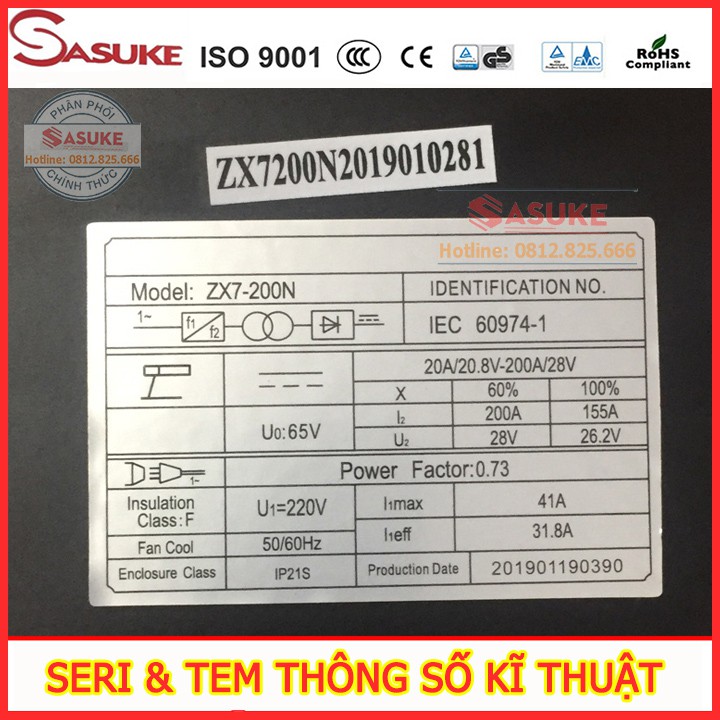 Máy hàn điện tử mini inverter Sasuke mã ZX7-200N ( Đầy đủ phụ kiện, dây hàn, dây mass, mặt nạ, găng tay da, que hàn)