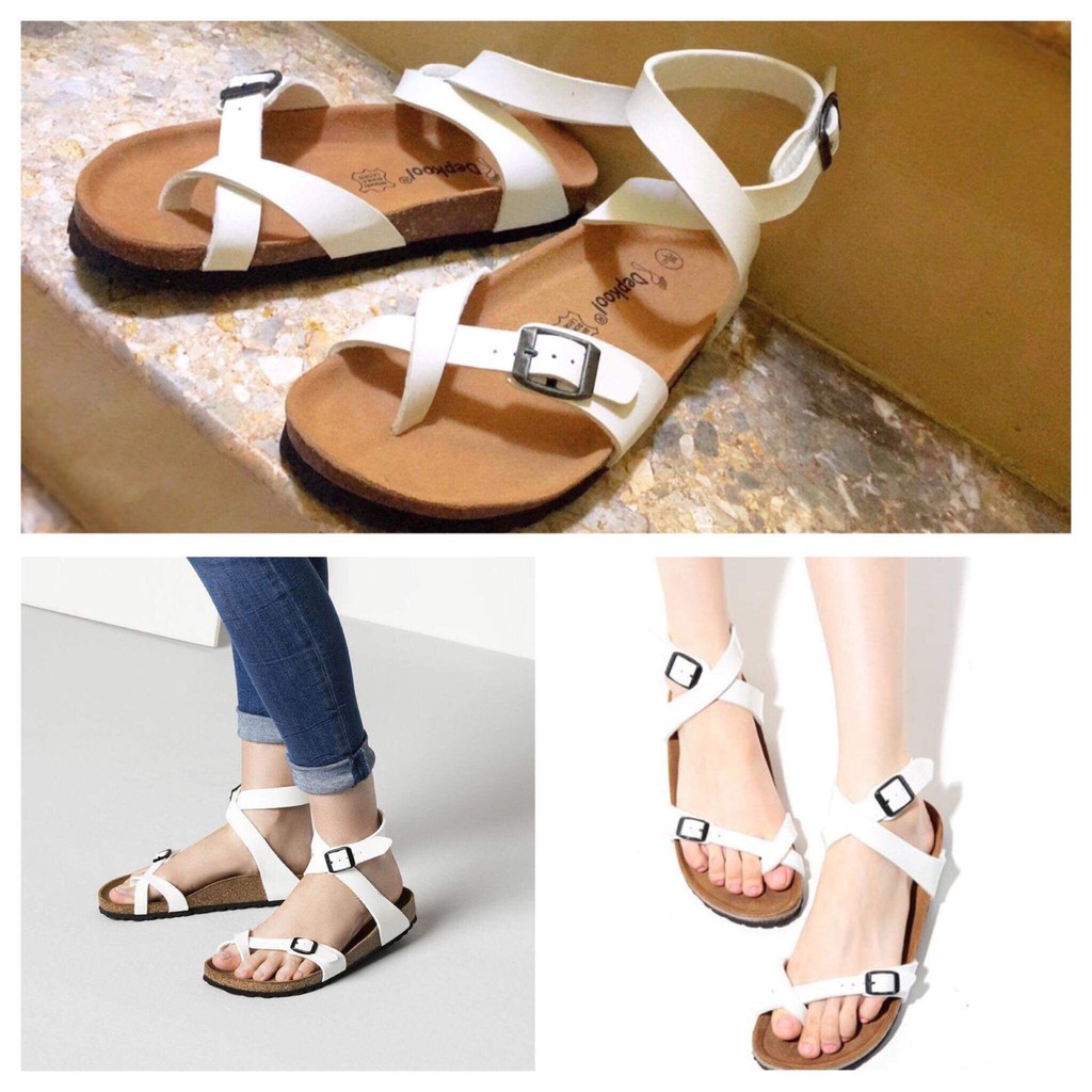 Giày sandal nam nữ xỏ ngón cỗ cao qoai pu trắng đế trấu unisex