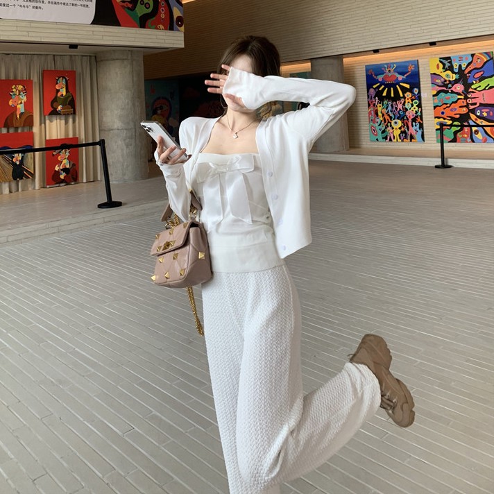 Set Áo Hai Dây Thắt Nơ + Áo Khoác Cardigan + Quần Dài Lưng Cao Ống Rộng Quyến Rũ Cho Nữ | BigBuy360 - bigbuy360.vn