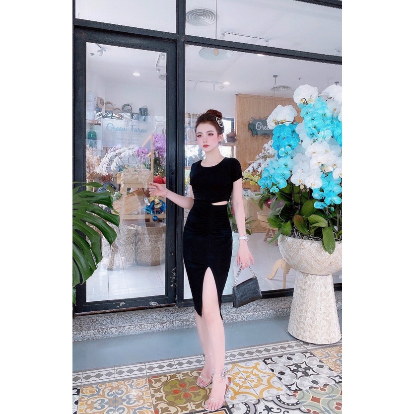 Váy nữ body dáng dài váy ôm body đẹp xẻ tà khoét eo tôn dáng chất cotton co giãn 4 chiều màu đen hồng JUMIO