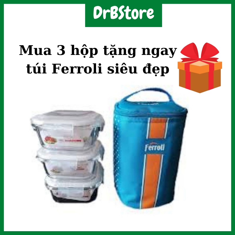 Bộ hộp thủy tinh kem túi giữ nhiệt Ferroli, bộ 3 hộp thủy tinh dung tích 500ml DrbStore