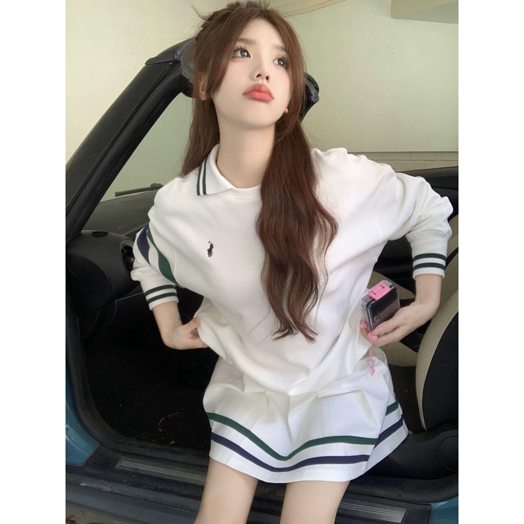 Áo Thun polo Tay Dài Họa Tiết Kẻ Sọc Phong Cách Retro Cho Nữ