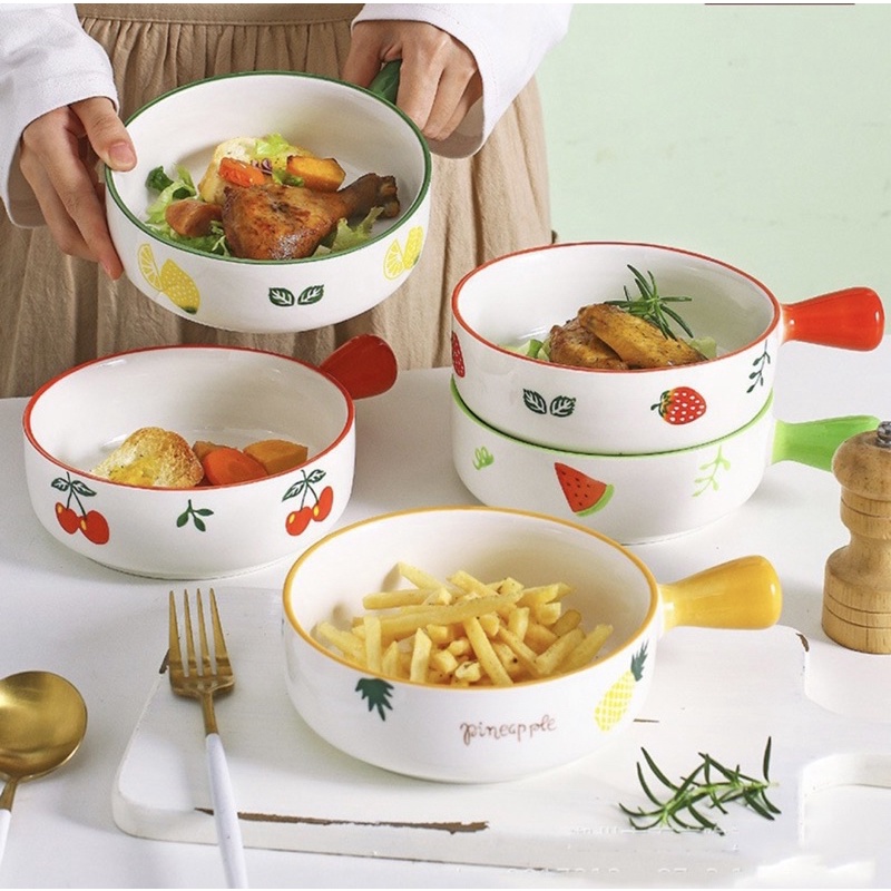 Bát đĩa sứ, thố sứ có tay cầm họa tiết Dâu tây, chanh, dưa hấu, chery, dứa