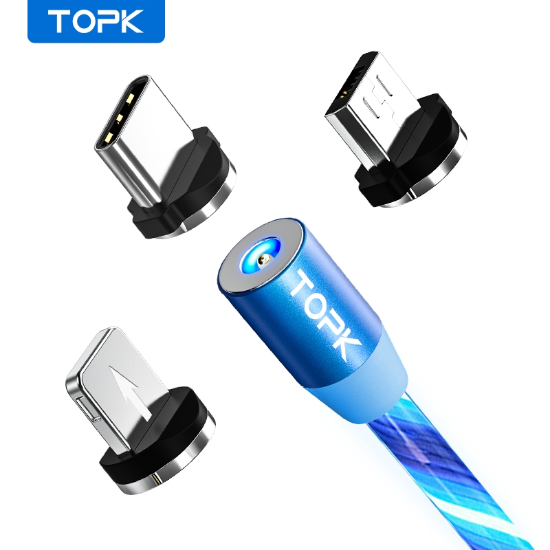 Dây Cáp Sạc TOPK AM67 Cho Iphone Cổng Micro USB/ USB Type C 3 Trong 1 Từ Tính Tích Hợp Đèn LED