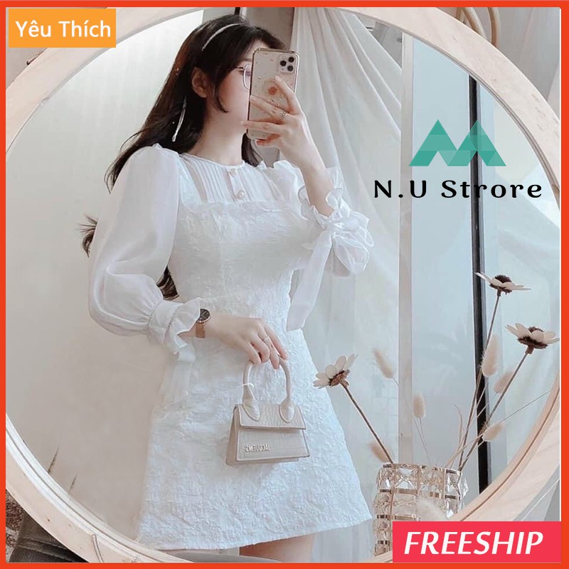 [GIÁ SỐC] Đầm Midi Trắng Tay Dài- Đầm cổ Tròn phối Voan Xếp Ly Ở Ngực đính Ngọc Trai Siêu Xinh- Đầm Dự Tiệc Mùa Cưới -Nu