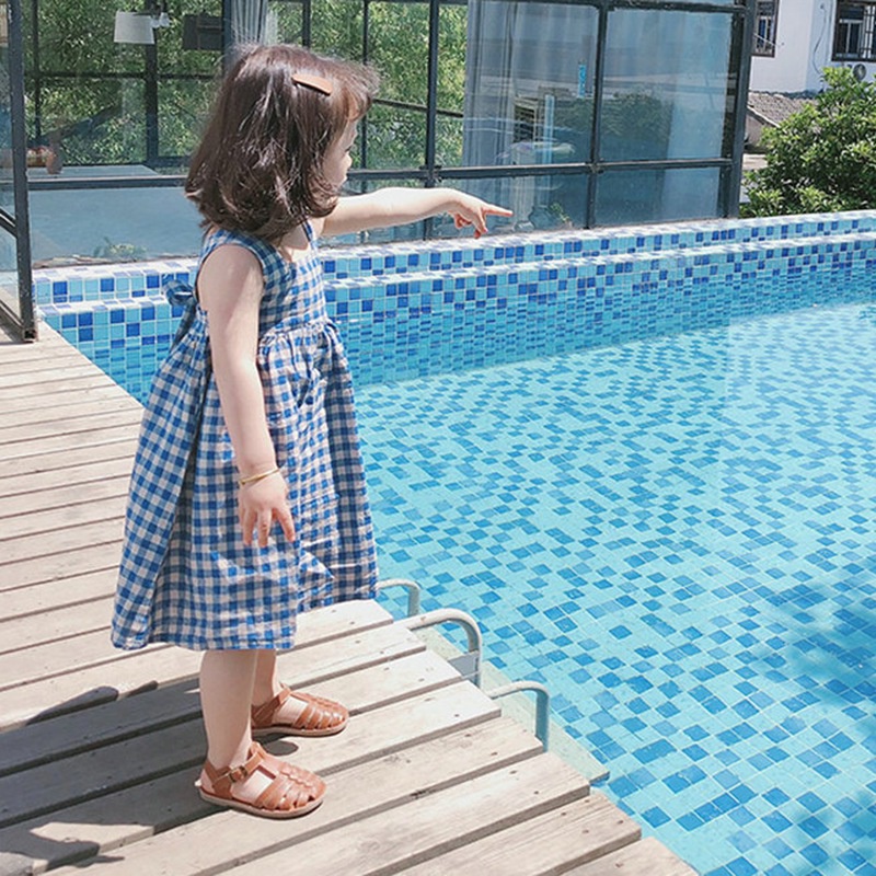 Đầm hai dây dáng rộng họa tiết sọc caro thời trang mùa hè cho bé gái 1-6 tuổi