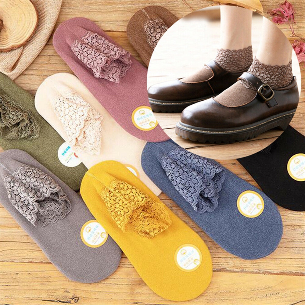 Vớ cotton phối ren thoáng khí ấm áp thời trang mùa đông