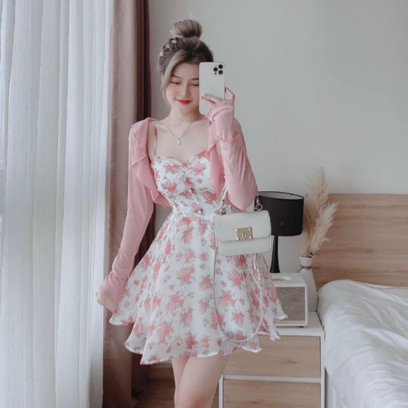 Set đầm xoè 2 dây voan hoa kèm áo khoác tay dài hồng - T1005
