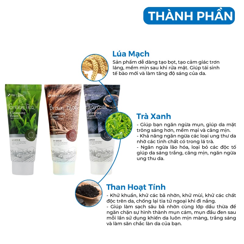 Sữa Rửa Mặt Trắng Da Giảm Mụn Từ Thiên Nhiên 3W Clinic Hàn Quốc 100ml