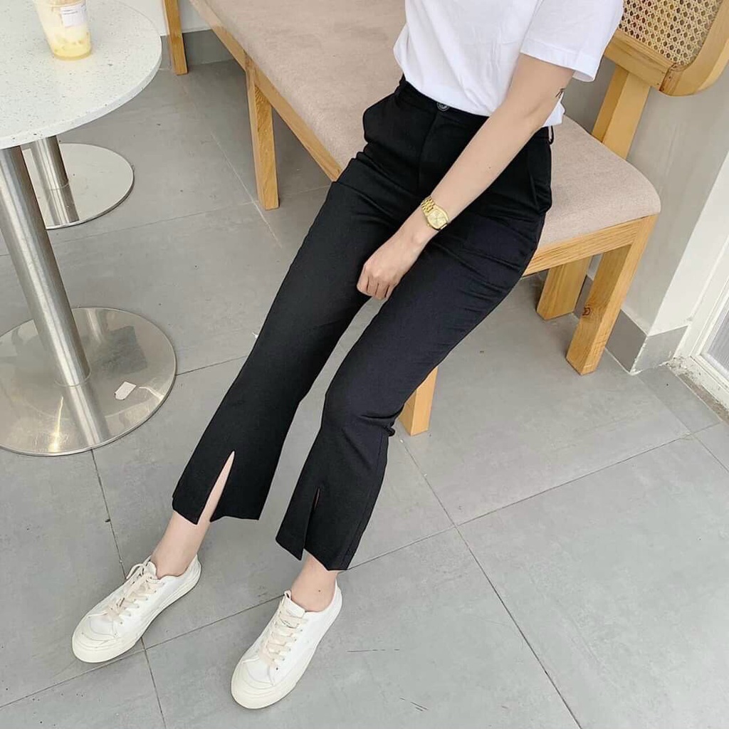 [CÓ BIG SIZE] Quần ống loe nữ Xẻ gấu trước Cạp cao 2 cúc chất Vitex hack dáng dài chân Quần công sở nữ ống loe