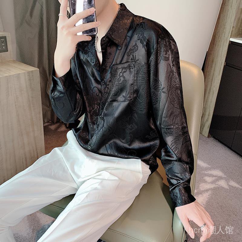Áo sơ mi tay dài vải lụa Satin thêu hình rồng kiểu Retro thời trang mùa thu