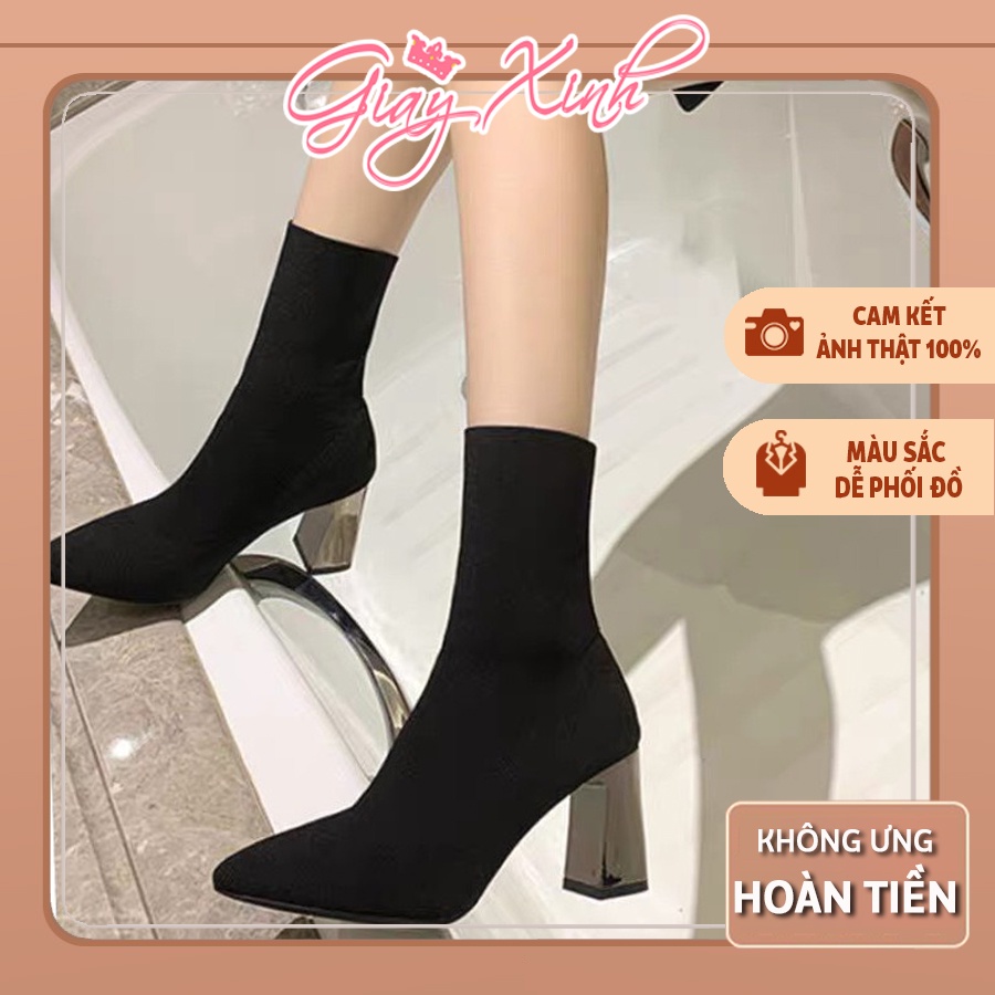 Giày bốt len nữ cao cổ tráng gương cao cấp - boot nữ cổ chun loại sịn gót cao 7cm siêu hot