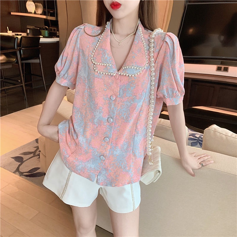 Set Áo Chiffon Tay Phồng Cổ Bẻ + Quần Short Ống Rộng Lưng Cao Thời Trang