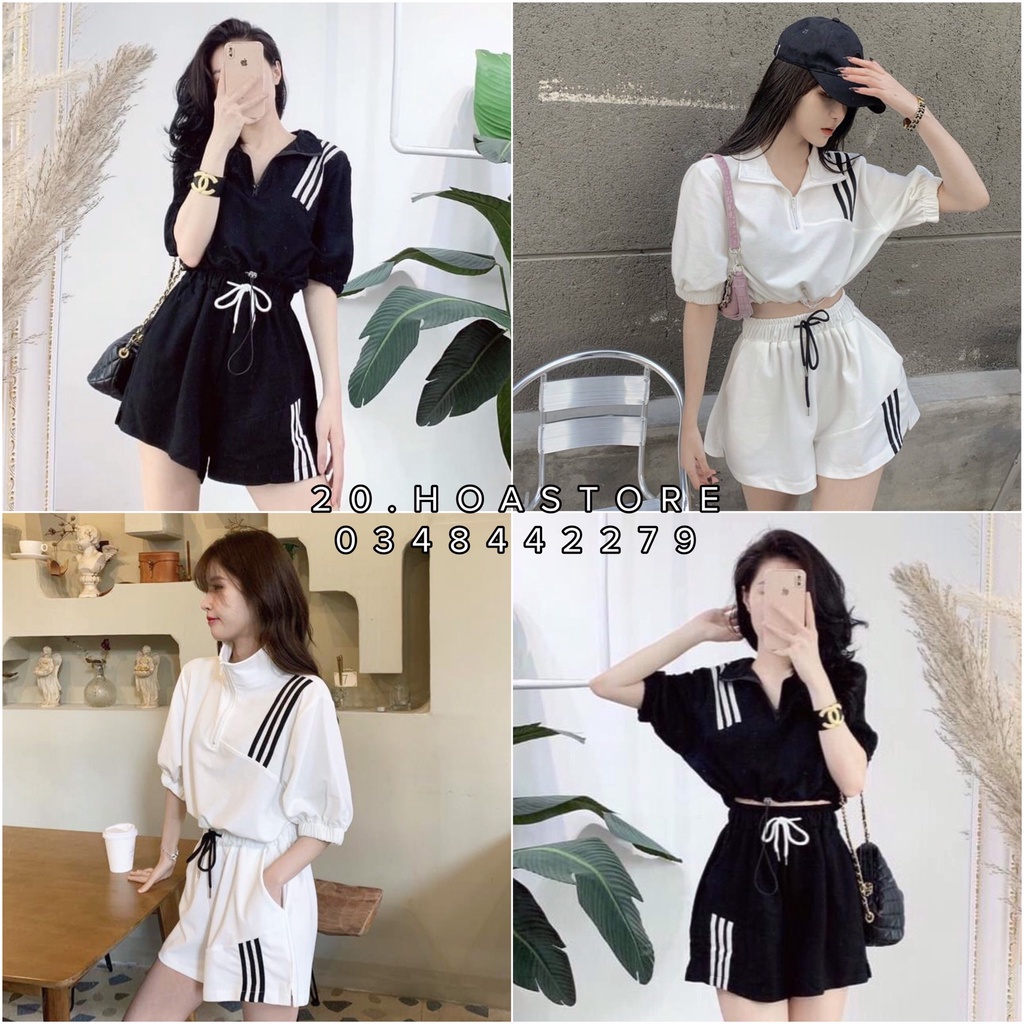 Set Short Áo 3 Sọc Polo Croptop Chun Eo 🌸 Bộ Thể Thao Quần Đùi Kiểu Kèm Áo Cổ Bẻ Khóa Kéo Chun Tay Viền Vai Ulzzang