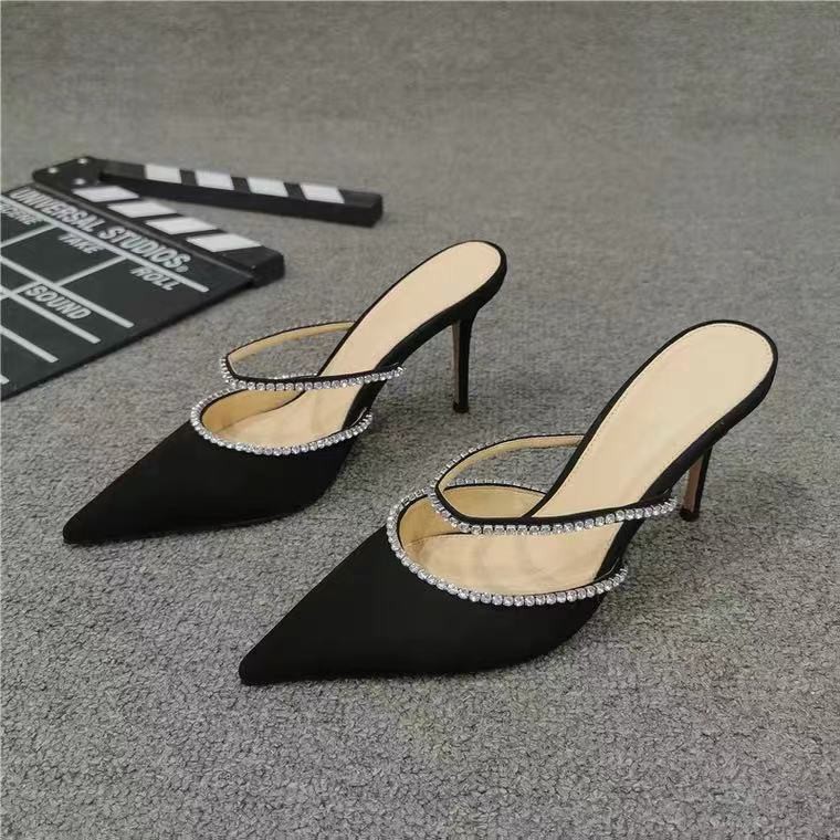 ▲۩Spring/Summer 2021 new high heels female temperament outer wear half slippers Baotou stiletto pointed toe women s shoes with rhinestone sandals and