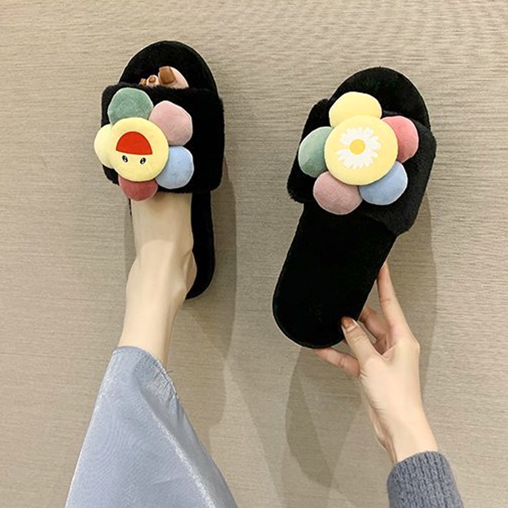 Dép lông thỏ Hoa mặt cười, siêu êm chân, dạng bánh mì quai ngang, mang trong nhà, văn phòng