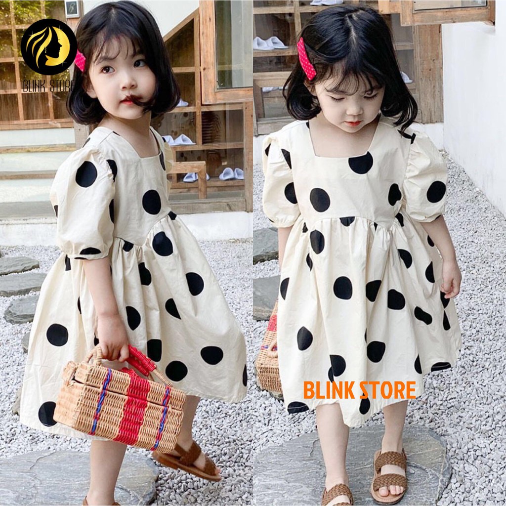 Váy bé gái váy trắng họa tiết chấm bi to, dáng tay bồng babydoll  siêu xinh chất liệu cotton thô mát 3-8 tuổi  VTE06