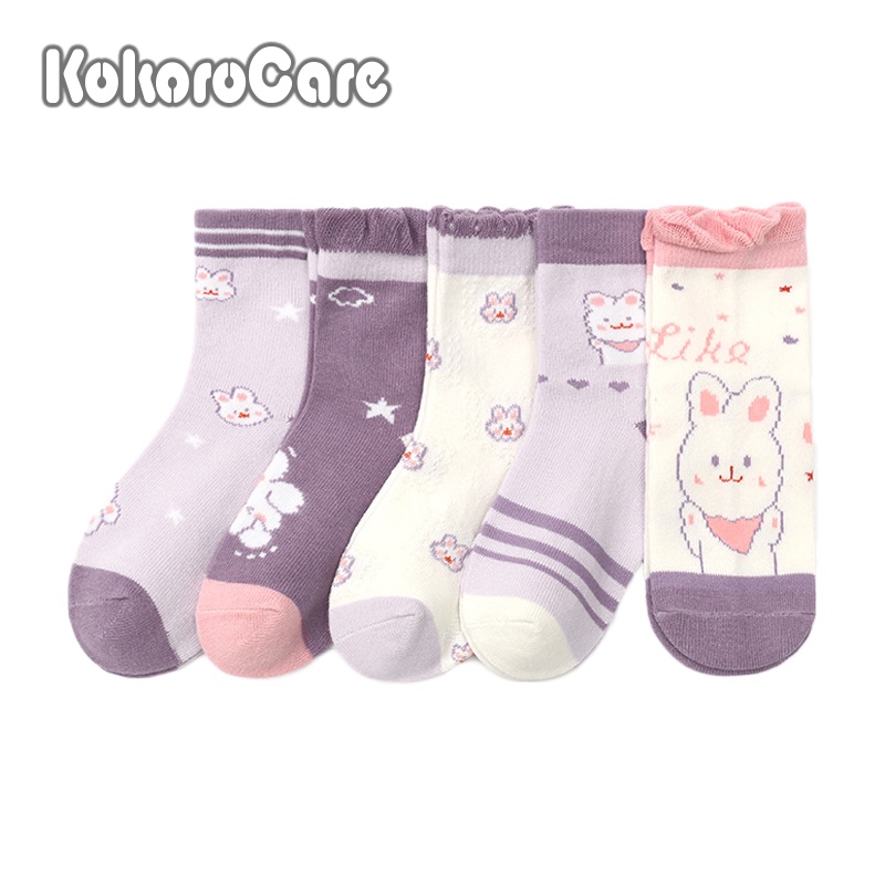 Set 5 đôi vớ KOKOROCARE HW-04 cotton cổ thấp in họa tiết thỏ hoạt hình cỡ S/ M/ L thời trang thu đông cho bé gái