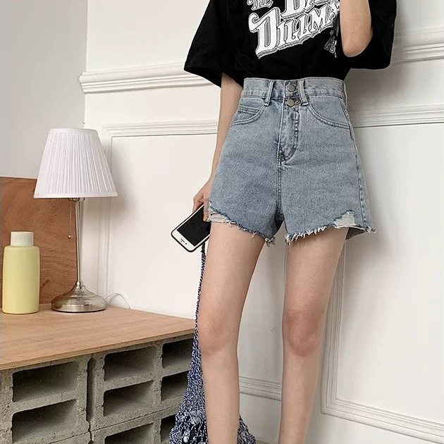 Quần Short Denim Lưng Cao Ống Rộng Thời Trang Mùa Hè Hàn Quốc Cho Nữ