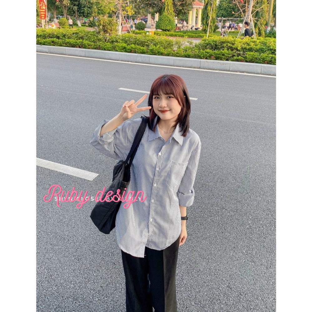 Áo sơ mi nữ áo sơ mi kiểu tay dài vải thô mềm sọc xanh sọc đen form rộng công sở đi chơi phong cách Hàn quốc