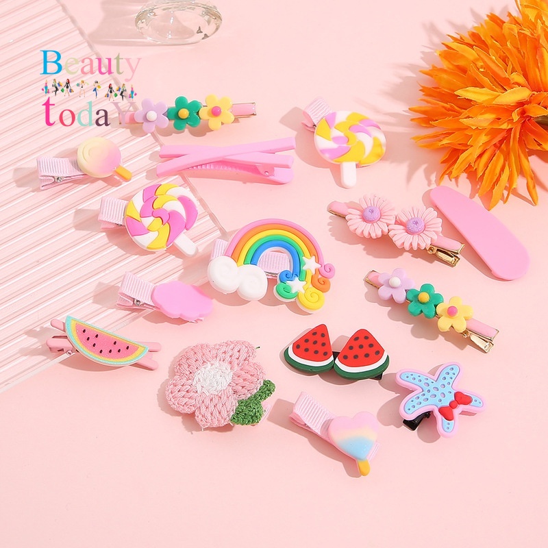 Set 14 kẹp tóc hình trái cây / hoa / bướm / động vật / cầu vồng bằng hợp kim thời trang cho nữ