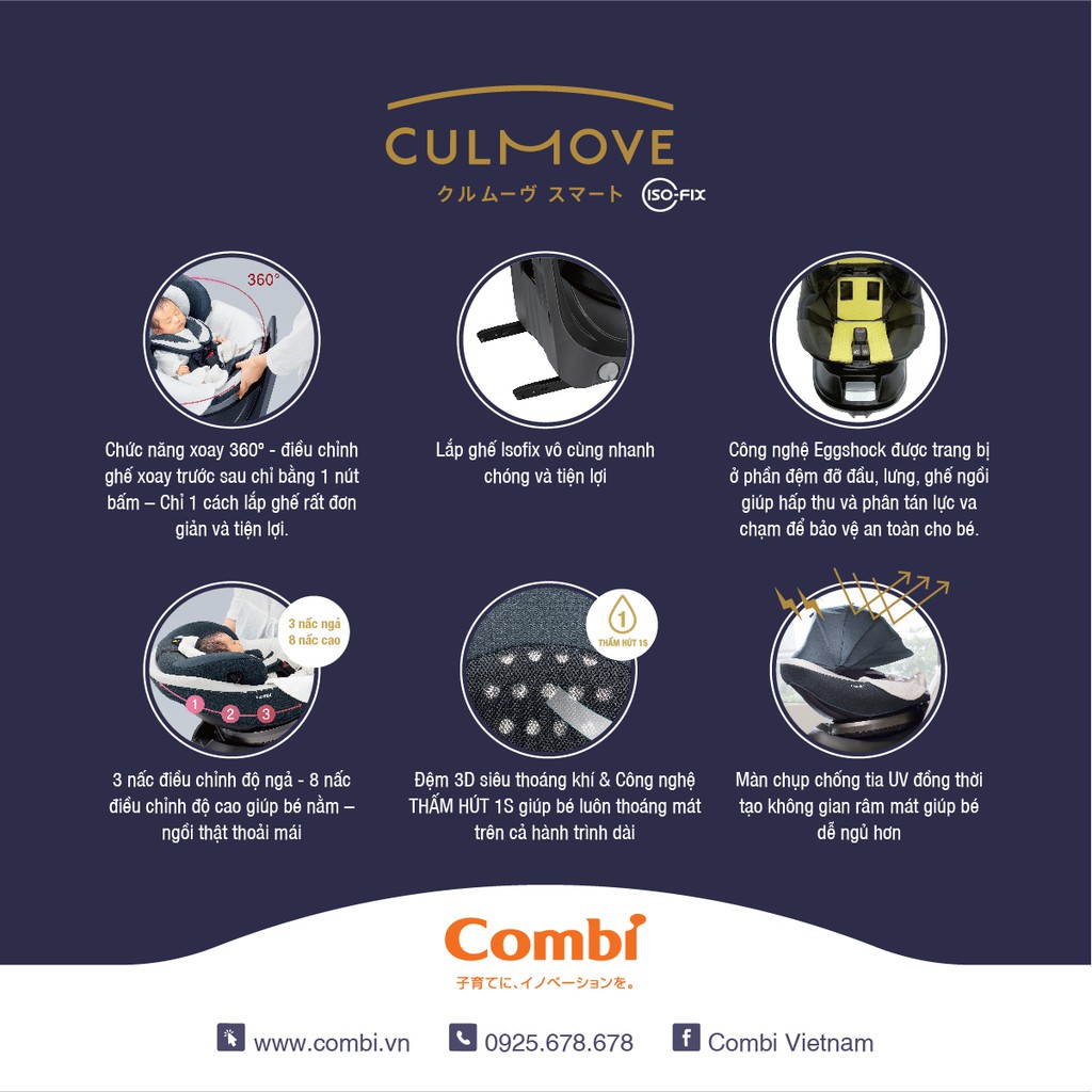 Ghế ngồi ô tô Combi Culmove xoay 360° Smart Isofix xanh navy