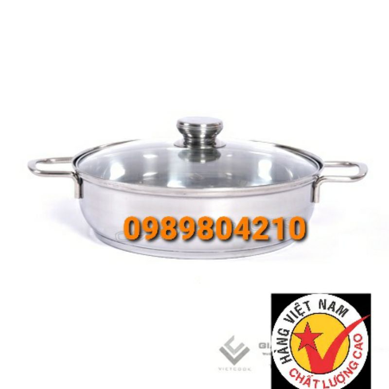 Lẩu 3 đáy  nắp kính vietcook  size 26cm, 28cm,30 cm ,nồi lẩu nắp kính , lẩu đun bếp từ hàng 3 đáy dày dặn Chính Hãng