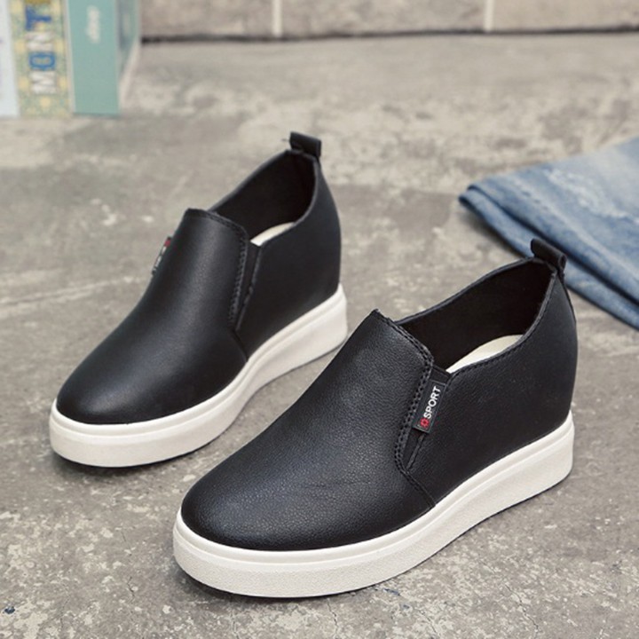 [CHẤT LƯỢNG_CÓ TRỢ SHIP] Giày độn đế nữ, giày slip on nữ độn đế da trơn cao 6cm, êm chân, Hàng Quảng Châu S065