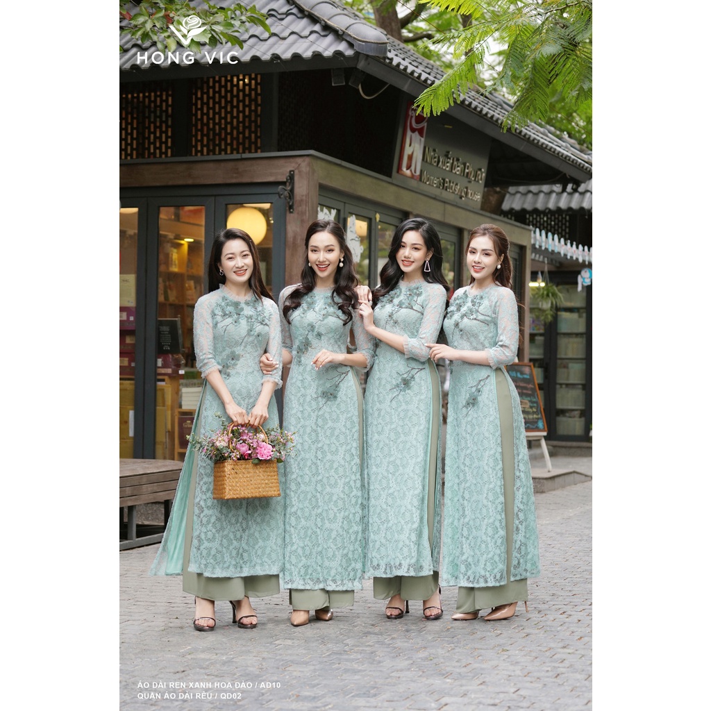 Áo dài kiểu nữ thiết kế Hongvic ren xanh hoa đào AD10