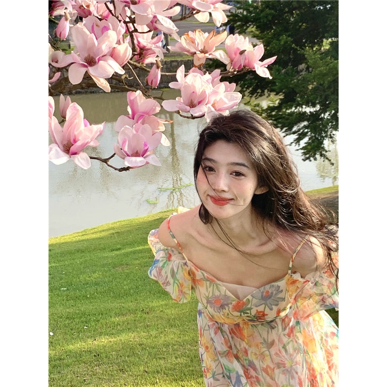 Đầm Hoa Hai Dây Hở Lưng Thời Trang Mùa Hè Cho Nữ