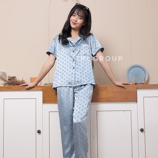 Đồ ngủ pijama lụa gấm chấm bi cộc dài