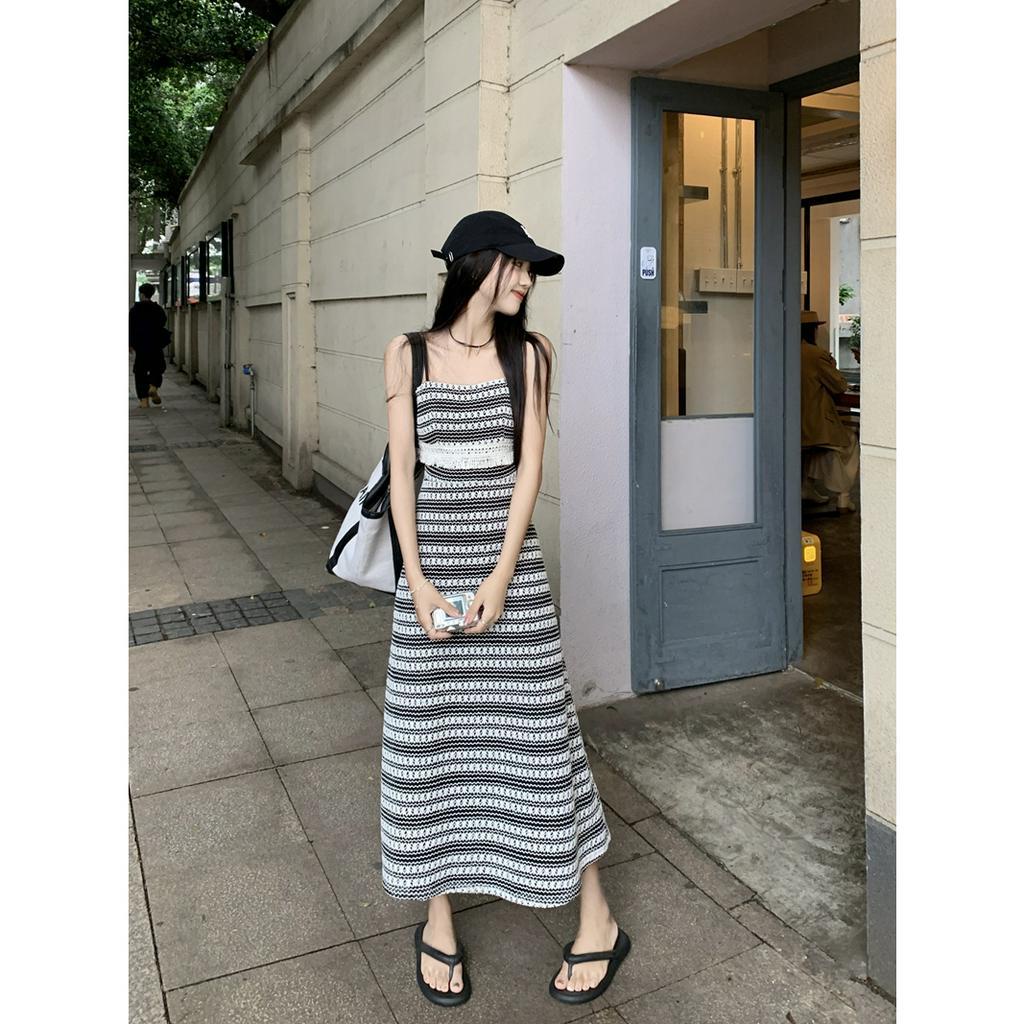 「 WELOVE1 」Đầm Dệt Kim Ôm Eo Họa Tiết Kẻ Sọc Phong Cách Retro