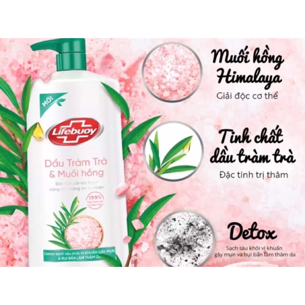 Sữa tắm Lifebuoy Detox và Bảo vệ khỏi vi khuẩn: Dầu Tràm Trà &amp; Muối Hồng 850 Gram / Chai