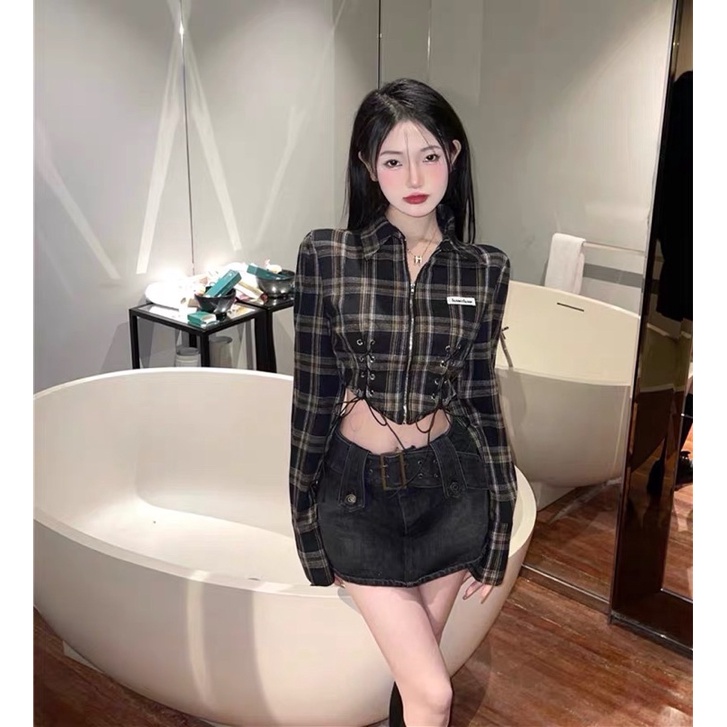 Áo Khoác Sơ Mi Croptop Kẻ Caro Khoá Kéo Phong Cách Cá Tính Năng Động
